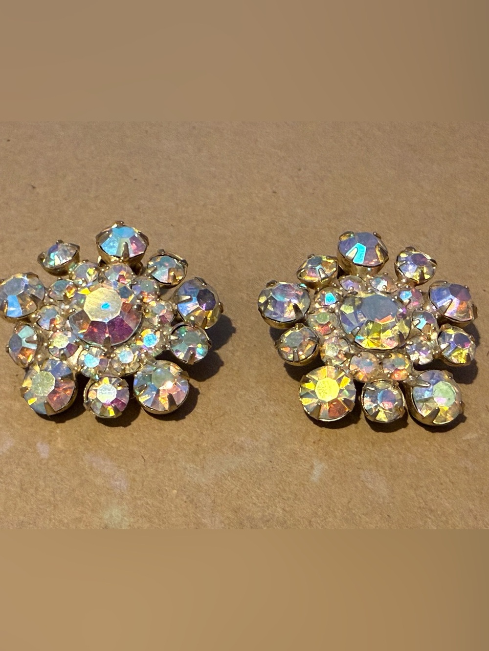 Vintage Aurora Borealis Iridescent Flower Clip-On Earrings Large - Pat Pend